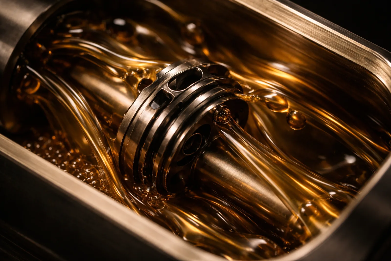 Vue en coupe d'un combiné oléopneumatique montrant les flux d'huile et le piston interne