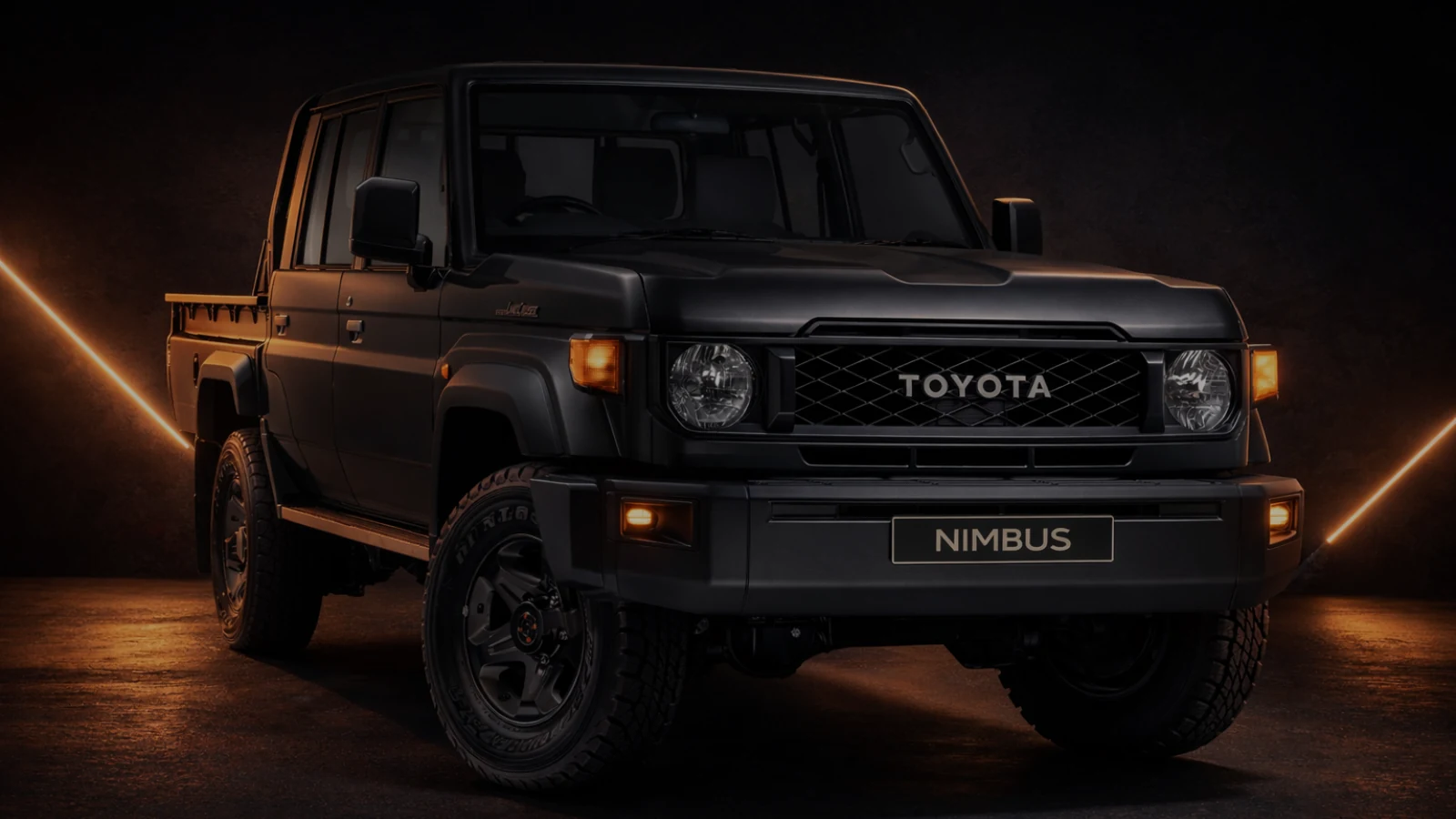 Toyota Land Cruiser 79 Series double cabine noir équipé de suspensions Nimbus, vue avant trois quarts