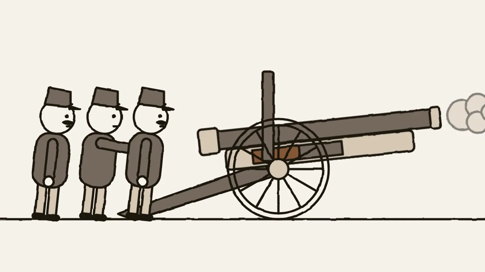 Illustration du canon de 75 mm modèle 1897 au moment du tir, trois artilleurs à ses côtés